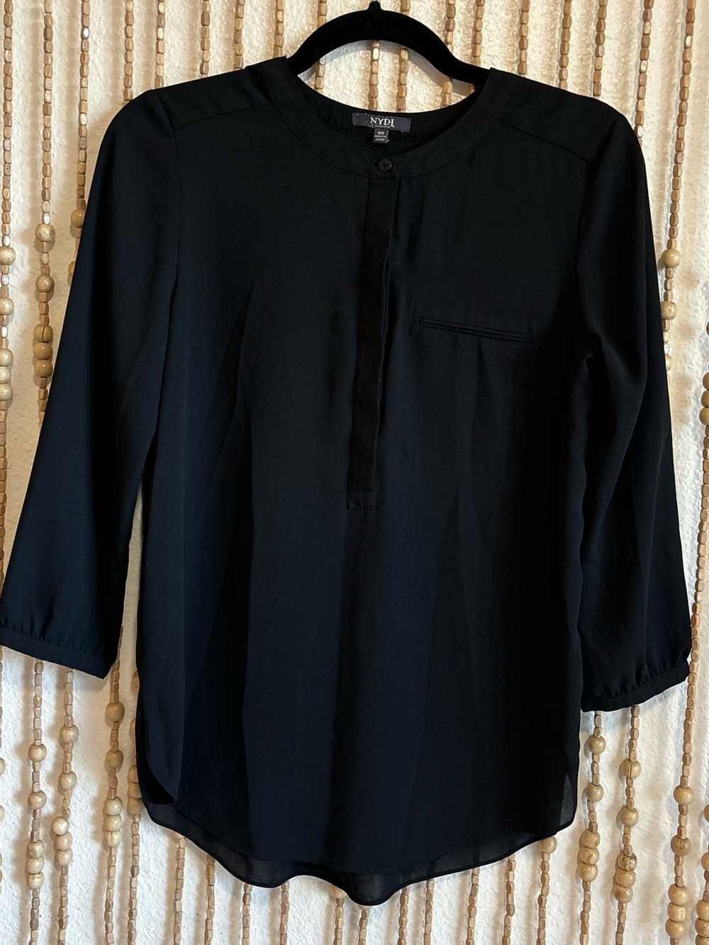 NYDJ Black 3/4 Sleeve Half Button Corporate Goth Blouse Top XS
